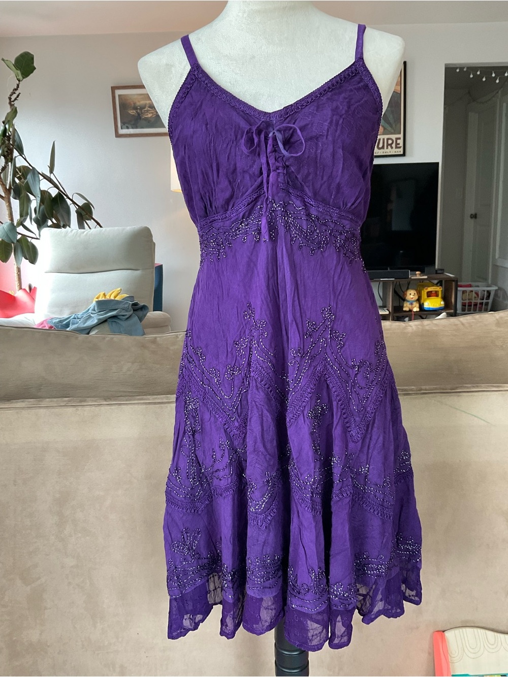 🧚🏼‍♀️Fairy Sakkas Purple Beaded Spaghetti-Strap Mini Dress Size L Boho Festival